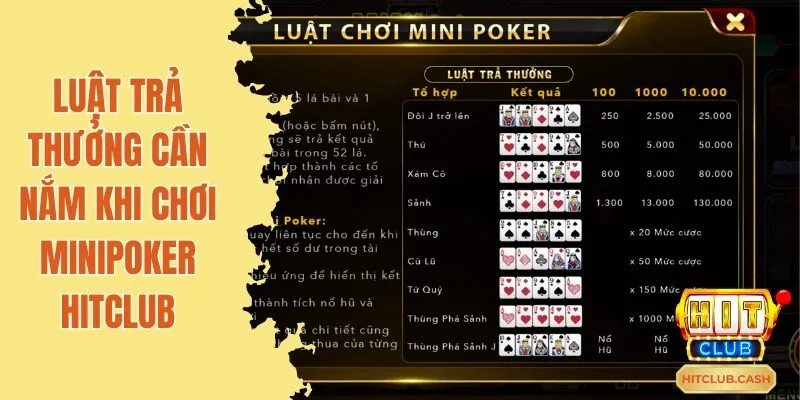 Luật trả thưởng cần nắm khi chơi minipoker Hitclub